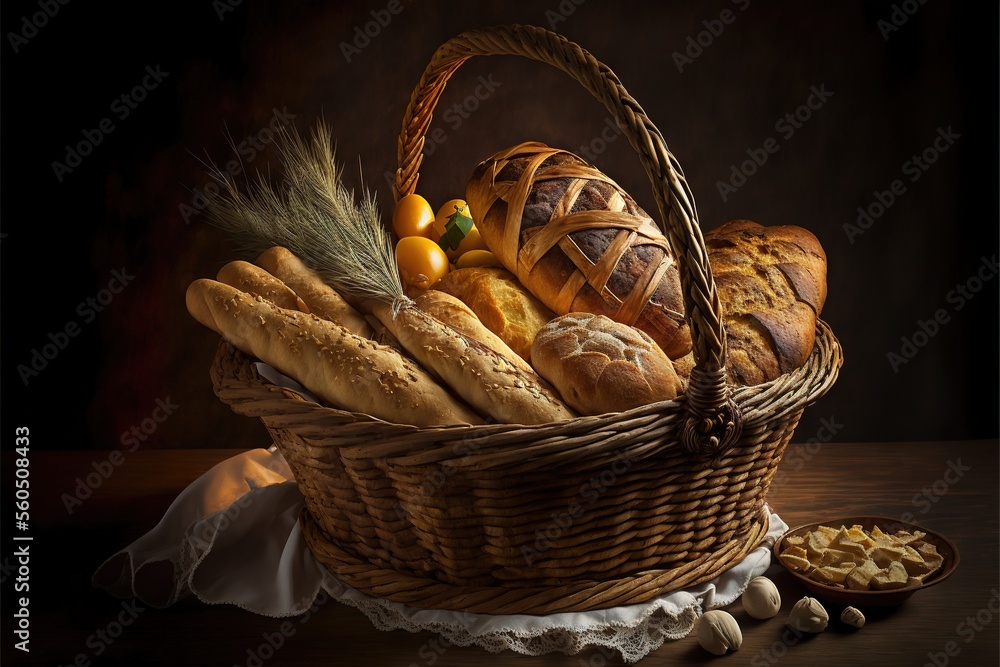  a basket of bread with a spoon and a bowl of nuts on a table next to it, on a dark background with a cloth cloth and a wooden spoon with a few other items.
