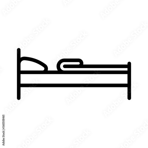 Bed, blanket and pillow icon. Black contour linear silhouette. Side view. Editable strokes. Vector simple flat graphic illustration. Isolated object on a white background. Isolate.