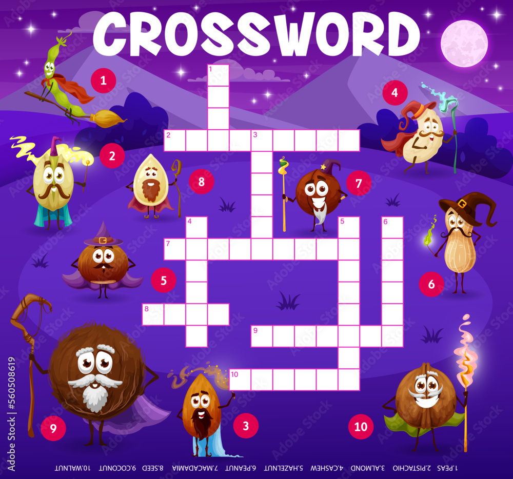Crossword grid, cartoon nuts mage and wizard characters, vector quiz