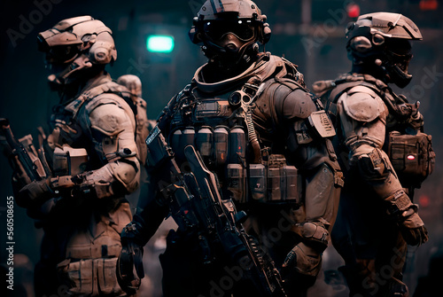 Military Tactical Special Squad Special Forces Unit  Equipped Armed Soldiers  Full Gear  Wartime  Battlefield Epic Scene