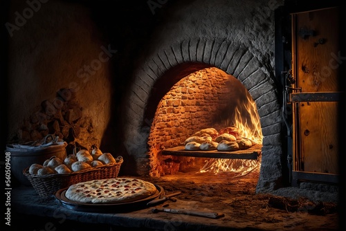  a pizza is cooking in a brick oven with a fire coming from it and bread is on a tray in front of it and a basket of garlic bread is on the side of the.