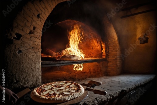  a pizza is being cooked in a brick oven with flames coming out of it and a pizza spatula on the counter next to it, and a person holding a spatula in front of the oven.