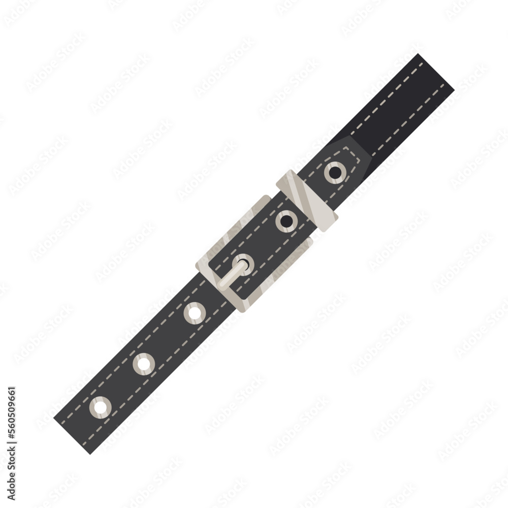 Black leather belt or strap with metal buckle. Black jeans, dress or pants fashion accessory on white background cartoon illustration. Clothes, garment concept Black leather belt or strap with metal buckle. Black jeans, dress or pants fashion accessory on white background cartoon illustration. Clothes, garment concept