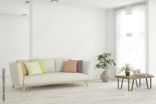 White living room with sofa. Scandinavian interior design. 3D illustration