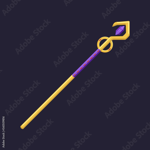 Purple and golden magic wand on dark background illustration. Stick with glowing purple gem or crystal on top for witch or wizard. Magicians staff, fantasy game, weapon concept