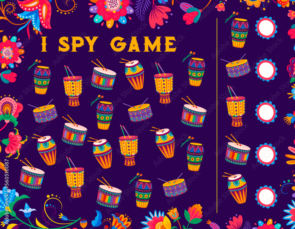 I spy game worksheet with brazilian drums. Kids counting riddle, children object finding puzzle or quiz vector worksheet with conga bonga brazilian musical instruments, drums drumsticks, flowers