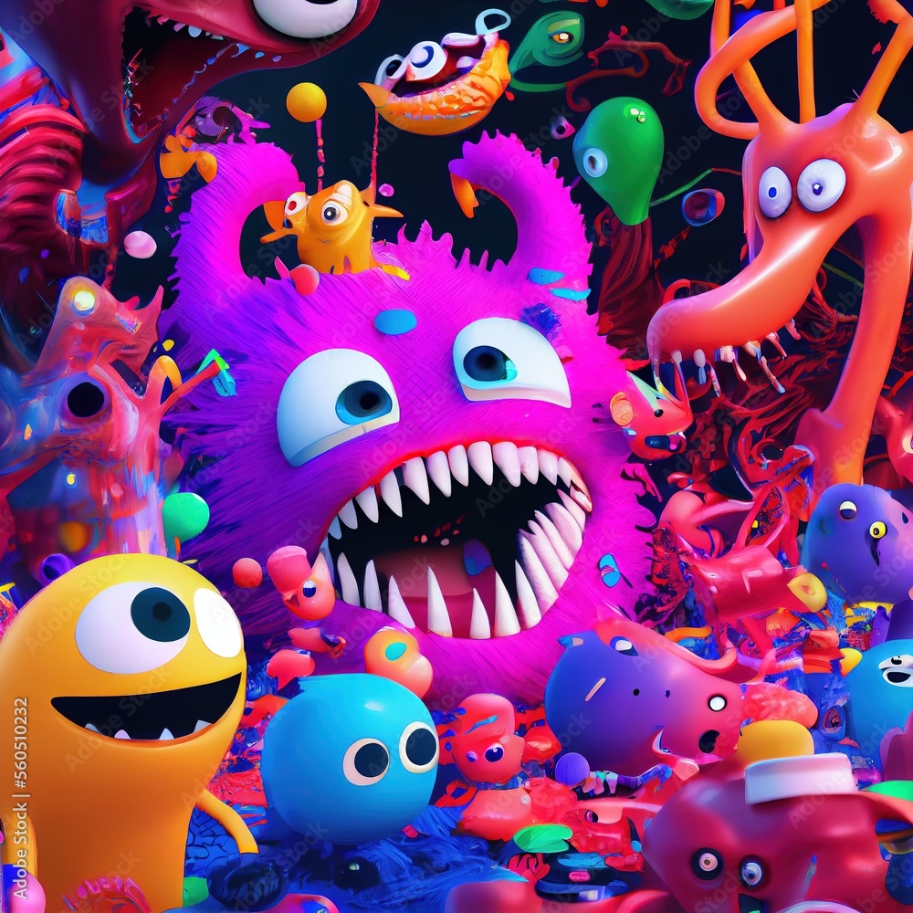 Abstract magical funny cartoon monsters. Lots of colored paint, ink ...