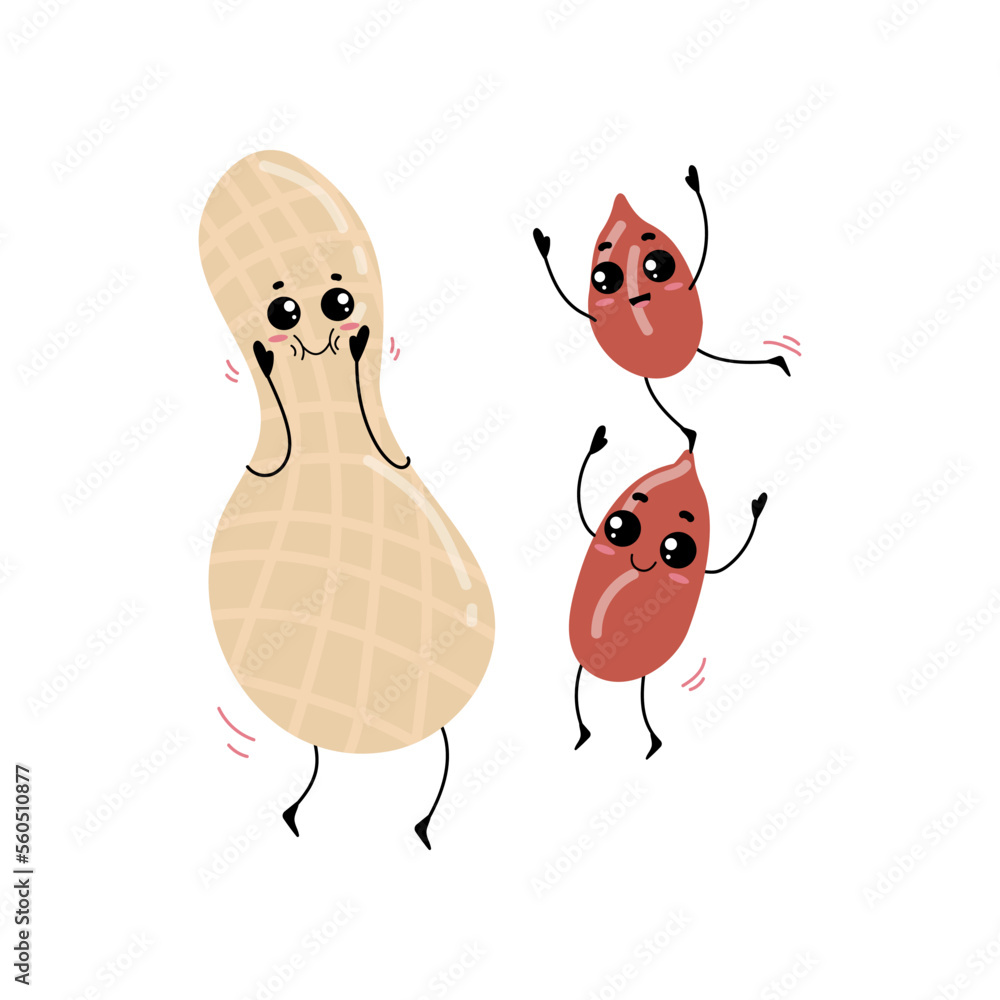 Funny peanut and two pili nuts with cute face cartoon illustration. Peanut and pili nut in shell, nuts having fun. Vegan or vegetarian food, seed, love, emotion concept Funny peanut and two pili nuts with cute face cartoon illustration. Peanut and pili nut in shell, nuts having fun. Vegan or vegetarian food, seed, love, emotion concept