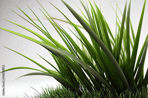 a close up of a white background with green grass blades. Generative AI
