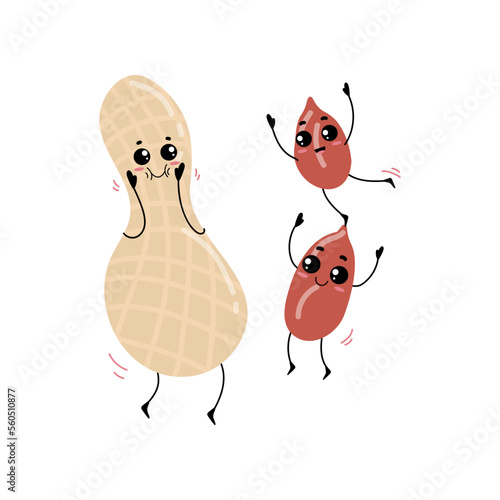 Funny peanut and two pili nuts with cute face cartoon illustration. Peanut and pili nut in shell, nuts having fun. Vegan or vegetarian food, seed, love, emotion concept