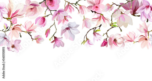 Border of magnolia flowers. Spring floral template