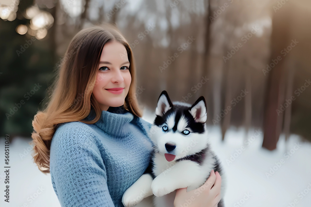 A beautiful young woman holding a Siberian Husky puppy in her arms, smiling at the camera. Generative Ai. A beautiful young woman holding a Siberian Husky puppy in her arms, smiling at the camera. Generative Ai.