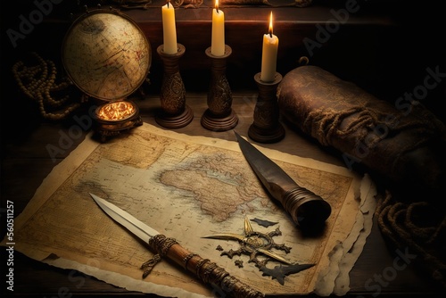 Foto Ancient map, dagger and candles on old wooden table