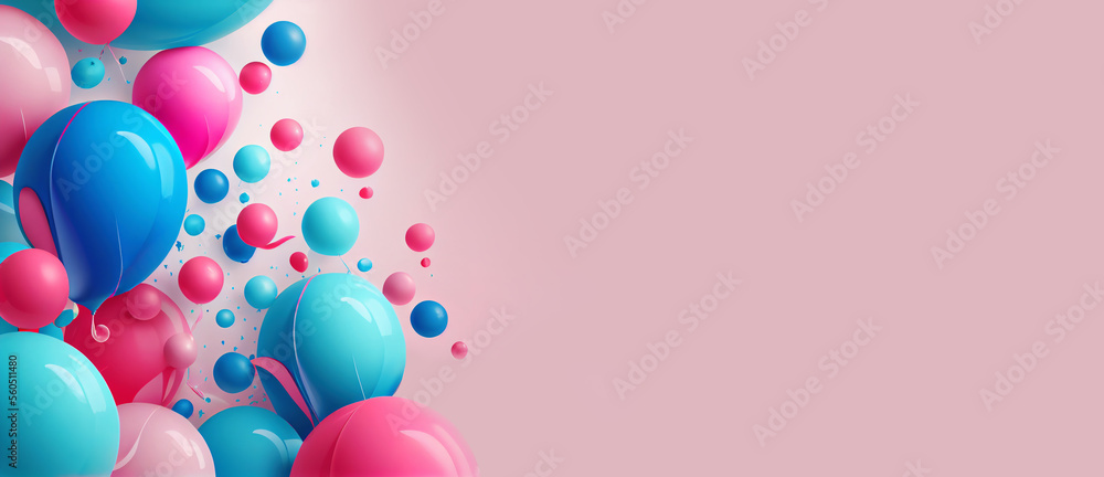 background with pink and blue balloons, panoramic layout. Generative Ai