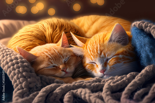 Cat kitten sleeping Ginger kitten on sofa with knit blanket covering it. Hugging and cuddling two cats. Household pet. Sleep and a relaxing snooze. family pet little kittens. hilarious and cute kittie