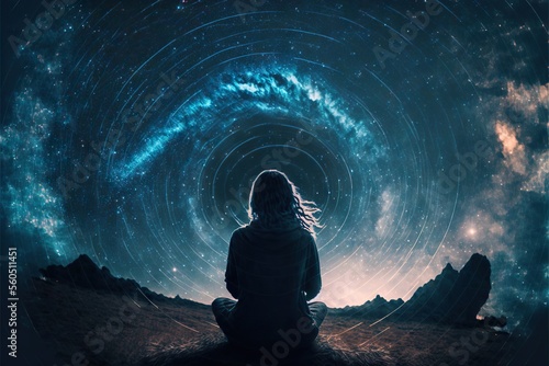 Fotografie Back view of meditating woman sitting in night nature with star trail on sky in
