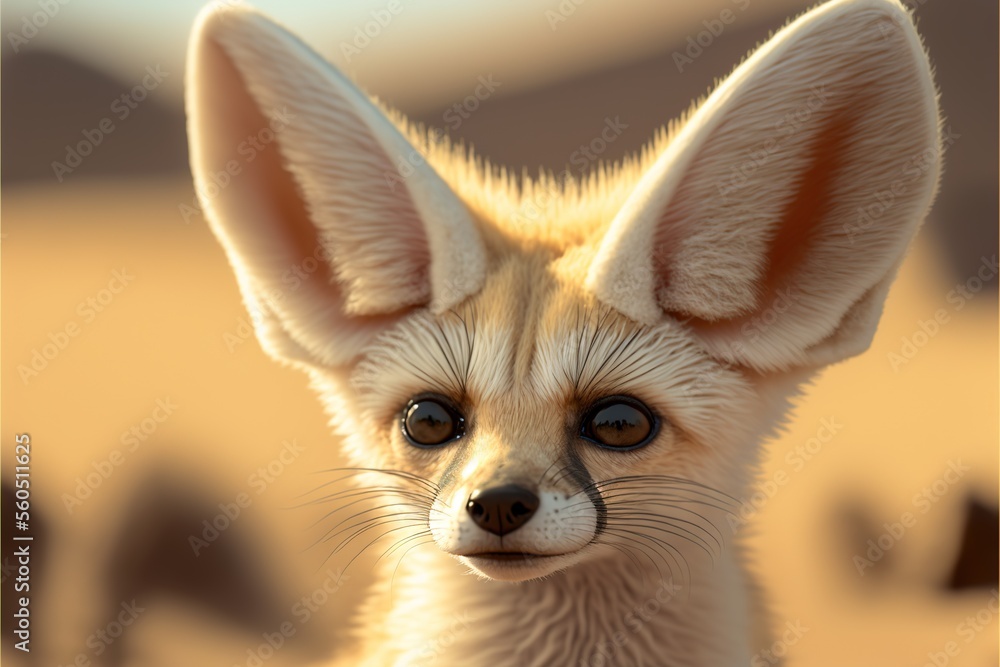 a small fox with a big ears and a blue eyes is looking at the camera with a blurry background of sand dunes and a sky and sand dunes in the background is also a. a small fox with a big ears and a blue eyes is looking at the camera with a blurry background of sand dunes and a sky and sand dunes in the background is also a.