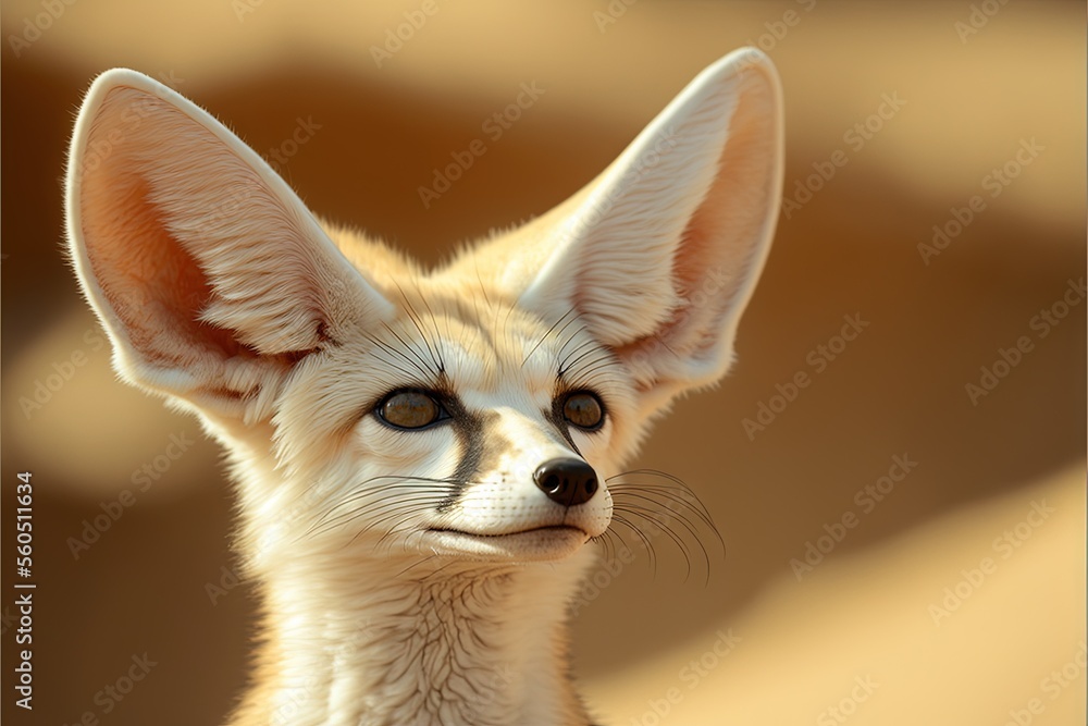 Fototapeta premium a small fox with a big ear and a big nose looking at the camera with a sad look on its face and eyes, with a neutral background of brown and tan colored background,.