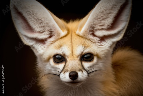  a small fox with a very big ears and a big nose with a weird look on it's face, looking at the camera with a black background, with a black background,.