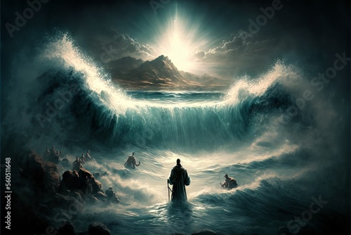 Fotografia Biblical scene: Moses and his followers on the shore of the Red Sea, vision of a