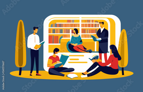 People reading books or preparing for exams, students. Education, learning design elements. Set of modern literature fans, book lovers, readers. Flat vector illustration.