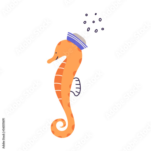 Cute seahorse wearing nautical hat, cartoon flat vector illustration isolated on white background. Cheerful animal character, hand drawn kids drawing.