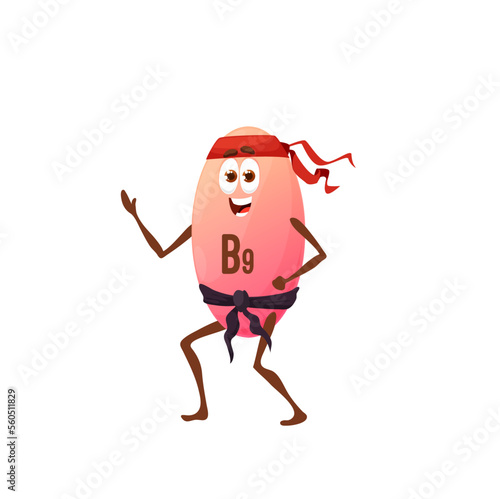 Cartoon vitamin B9 karateka character. Isolated vector Folic acid capsule in black belt perform karate martial arts exercise. Healthy food supplement combat fighter, cute folacin personage