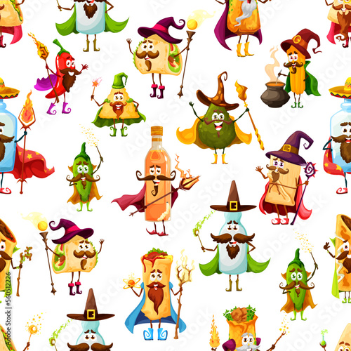 Mexican tex mex food characters seamless pattern. Mexican fast food personages backdrop. Fabric background with jalapeno pepper, avocado and tequila, enchilada and nachos, burrito and taco