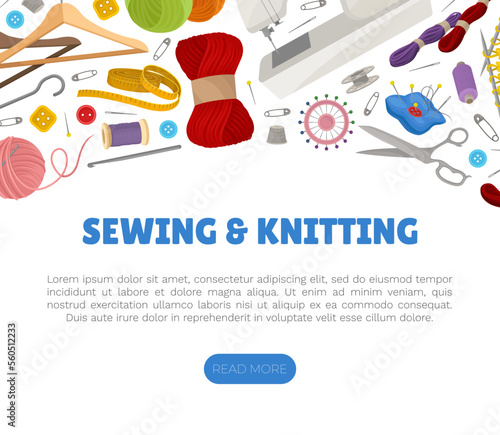 Sewing and Knitting Workshop Banner Design with Equipment Vector Template