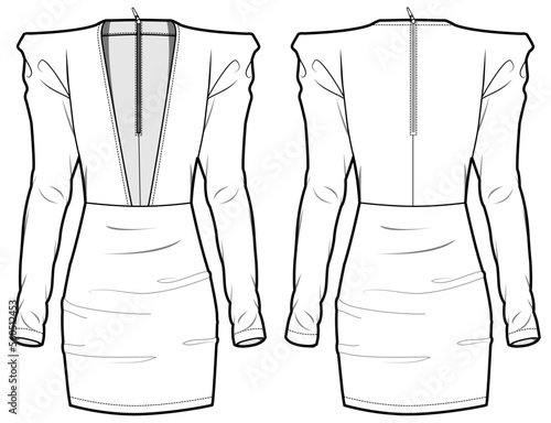 Foto Women statement shoulder bodycon dress design flat sketch fashion illustration drawing with front and back view