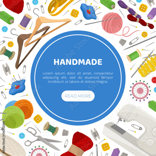 Sewing and Knitting Workshop Banner Design with Equipment Vector Template