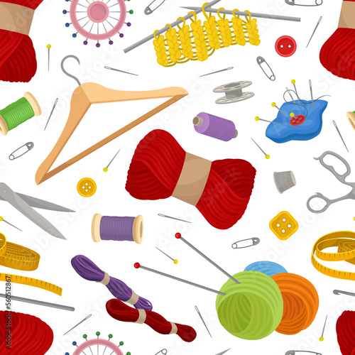Sewing and Knitting Workshop Seamless Pattern Design with Equipment Vector Template