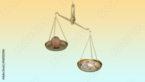 gold scale with the balancing bitcoin coin and coconut. 3D concept art