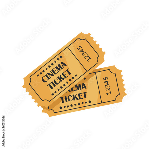 Golden cinema tickets flat vector illustration. Cinema elements, tickets on white background. Movie or film industry, cinematography concept