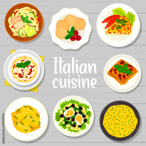 Italian cuisine menu cover, vector creamy polenta, tuna salad with pasta and olives. Vegetable omelette frittata, pasta salad with cream sauce, amaretti cookies and with cheese pie crosstata meals