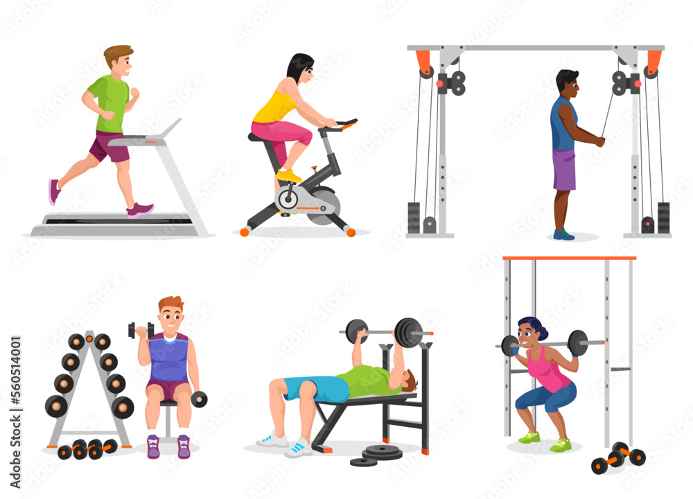 Set of people working out on machines and with weights isolated on white background. A man and a woman train in a gym. A treadmill, dumbbells, a bike, a barbell, etc. Cartoon style vector illustration Set of people working out on machines and with weights isolated on white background. A man and a woman train in a gym. A treadmill, dumbbells, a bike, a barbell, etc. Cartoon style vector illustration