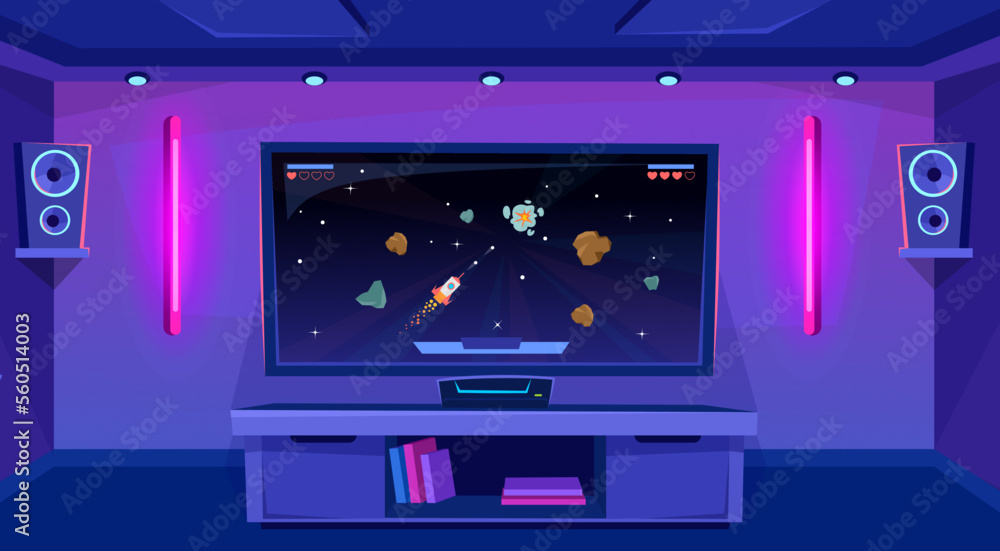 Gaming setup with a big screen tv on a stand and a console in a gamers