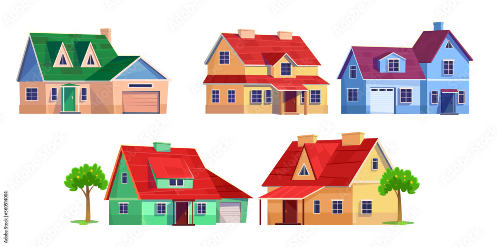 Fototapeta premium Set of American suburban houses in cartoon style isolated on white background. Collection of nice modern residential buildings and townhouses. Real estate icons. Cartoon style vector illustration.