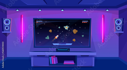 Gaming setup with a big screen tv on a stand and a console in a gamers room with neon lights and speakers. Playing shooting arcade with a spaceship and asteroids. Cartoon style vector background.