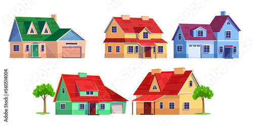 Set of American suburban houses in cartoon style isolated on white background. Collection of nice modern residential buildings and townhouses. Real estate icons. Cartoon style vector illustration.
