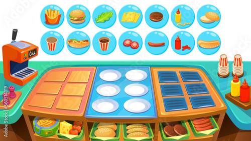 Fast food game vector background in cartoon style. Play as a restaurant chef in a kitchen. Combine ingredients and cook meals for customers. Burger and hot dog elements. Soda and french fries. 