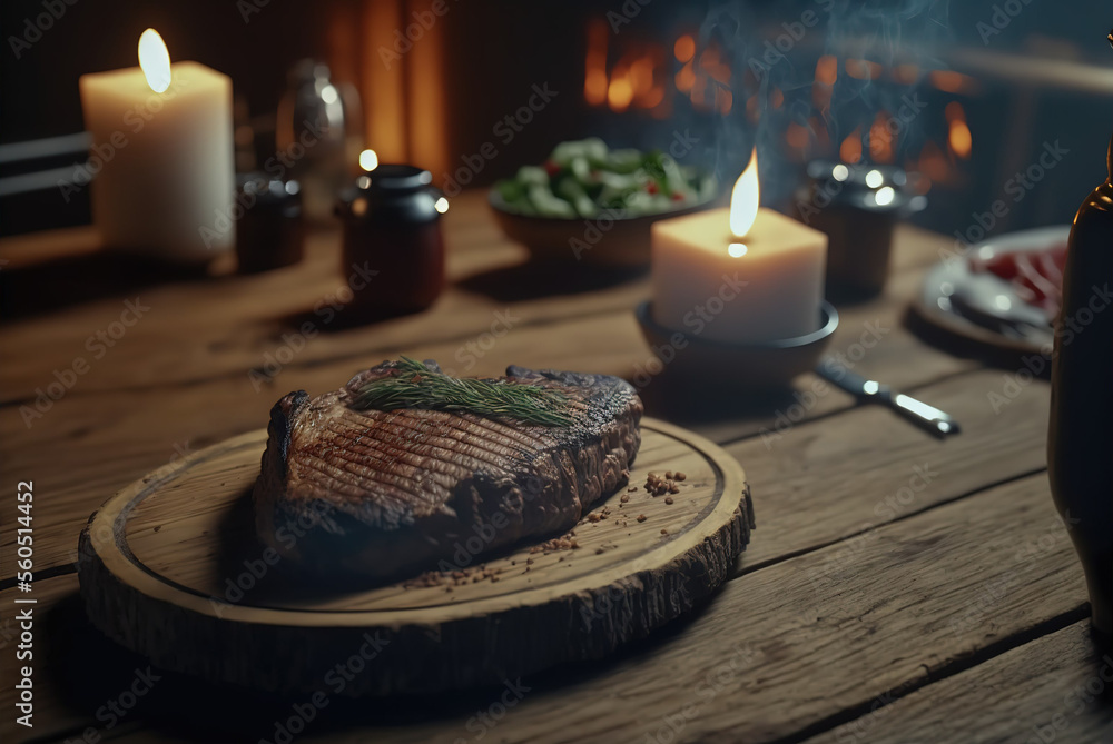 Spicy grilled steak on a wood deck in the table Generative AI