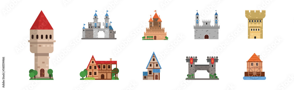 Medieval Facade Building and Stone Construction Vector Set Medieval Facade Building and Stone Construction Vector Set