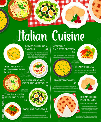 Italian cuisine menu vector omelette frittata, pasta salad with cream sauce and amaretti cookies. Tuna salad with pasta and olives, potato dumplings gnocchi, chicken salad with pasta and vegetables