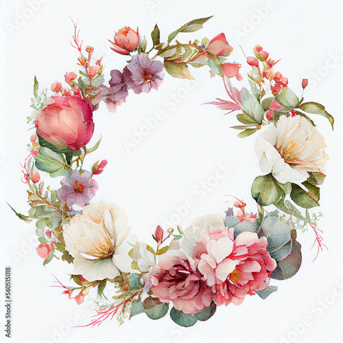 Pink Floral Wreath in Digital Watercolor. Generative ai © Anna Hoychuk