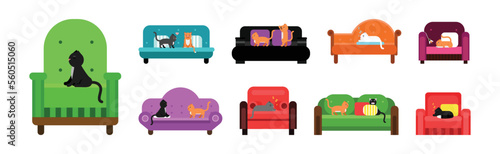 Cat Pet Sitting on Armchair and Sofa at Home Vector Set