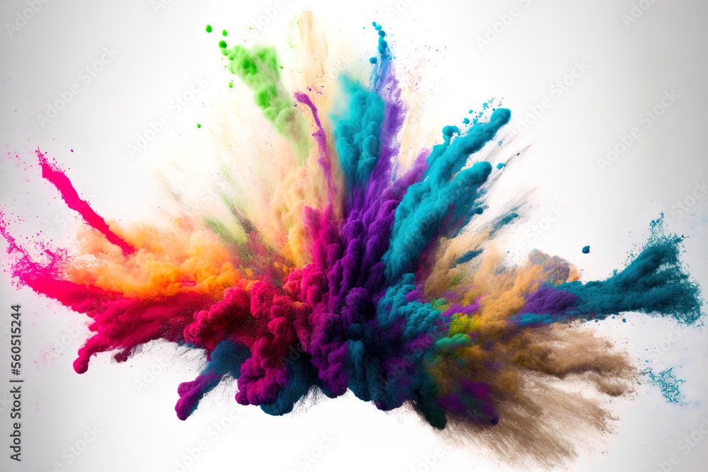 eruption of colored powder against a white background. Bright dust explodes. Color Holi. Generative AI