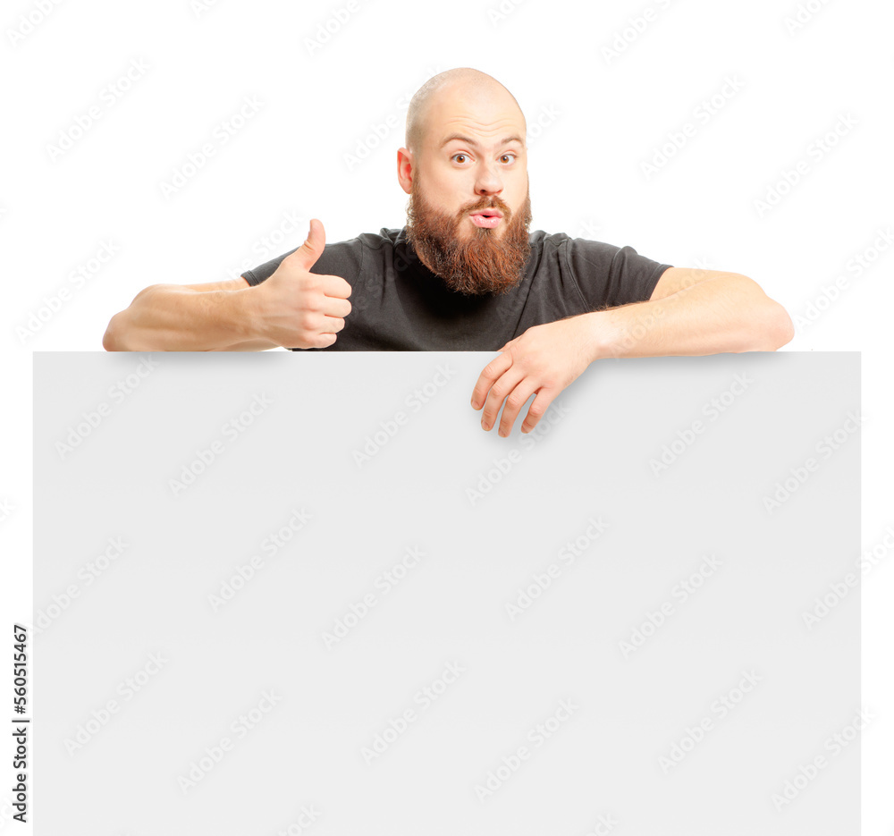 Your advertising below.Amazed bearded man showing thumb up and leaning at copy space while standing against white background Your advertising below.Amazed bearded man showing thumb up and leaning at copy space while standing against white background