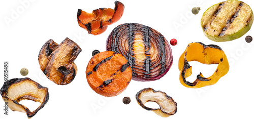 Konstfotografi Falling grilled vegetable slices isolated