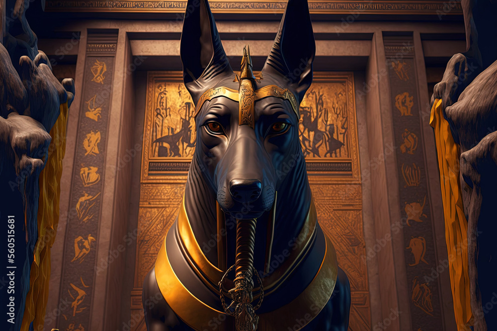 Anubis was a god of the afterlife and the gatekeeper to the Underworld in ancient Egyptian mythology. He is commemorated with a statue in a temple. Generative AI - obrazy, fototapety, plakaty 